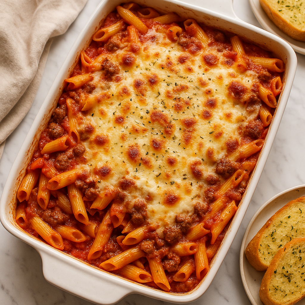 Baked ziti in a white casserole dish