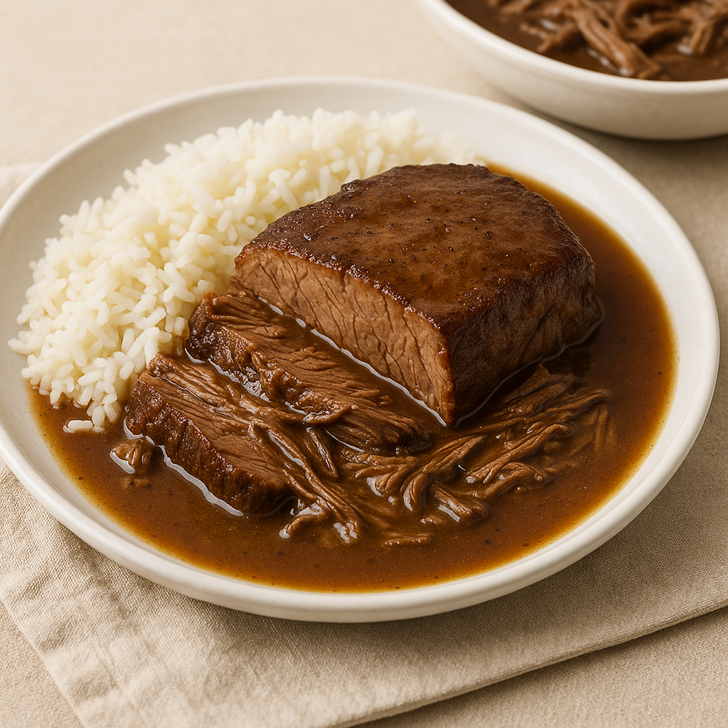 Slow cooked sirloin roast with au jus gravy served with rice
